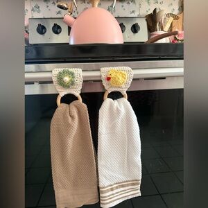 Handmade Crochet Kitchen Towel Holders with Towels – Set of 2 Flower & Chick